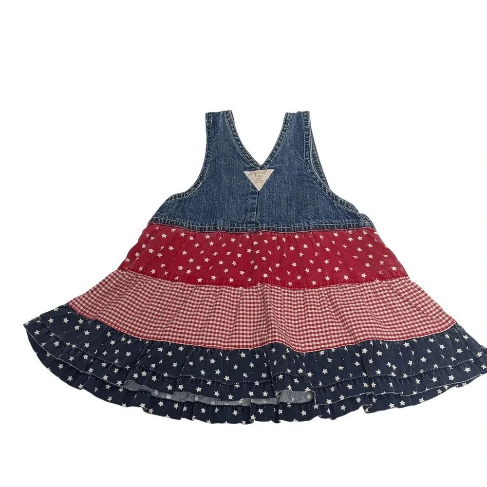 OshKosh Baby Girls Patriotic Denim Tiered Star Gingham Jumper Dress 3-6M Y2K